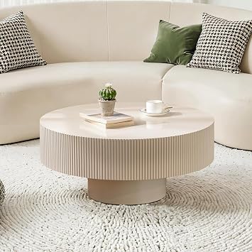 Modern Fluted Drum Round Coffee Table, B | Handcraft Chipboard Wood Center Table, Unique Mid Century Aesthetic Low Coffee Tables, for Living Room Small Space