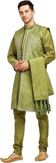 Men's 4-Piece Art Silk Kurta Pajama Set with Embroidered Jacket & Dupatta – Wedding & Festive Wear