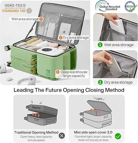 Miniatura 3 de mixi Equipaje de mano para PC, maleta con ruedas giratorias, bloqueo TSA con soporte para teléfono, puerto de carga USB, Verde aguacate