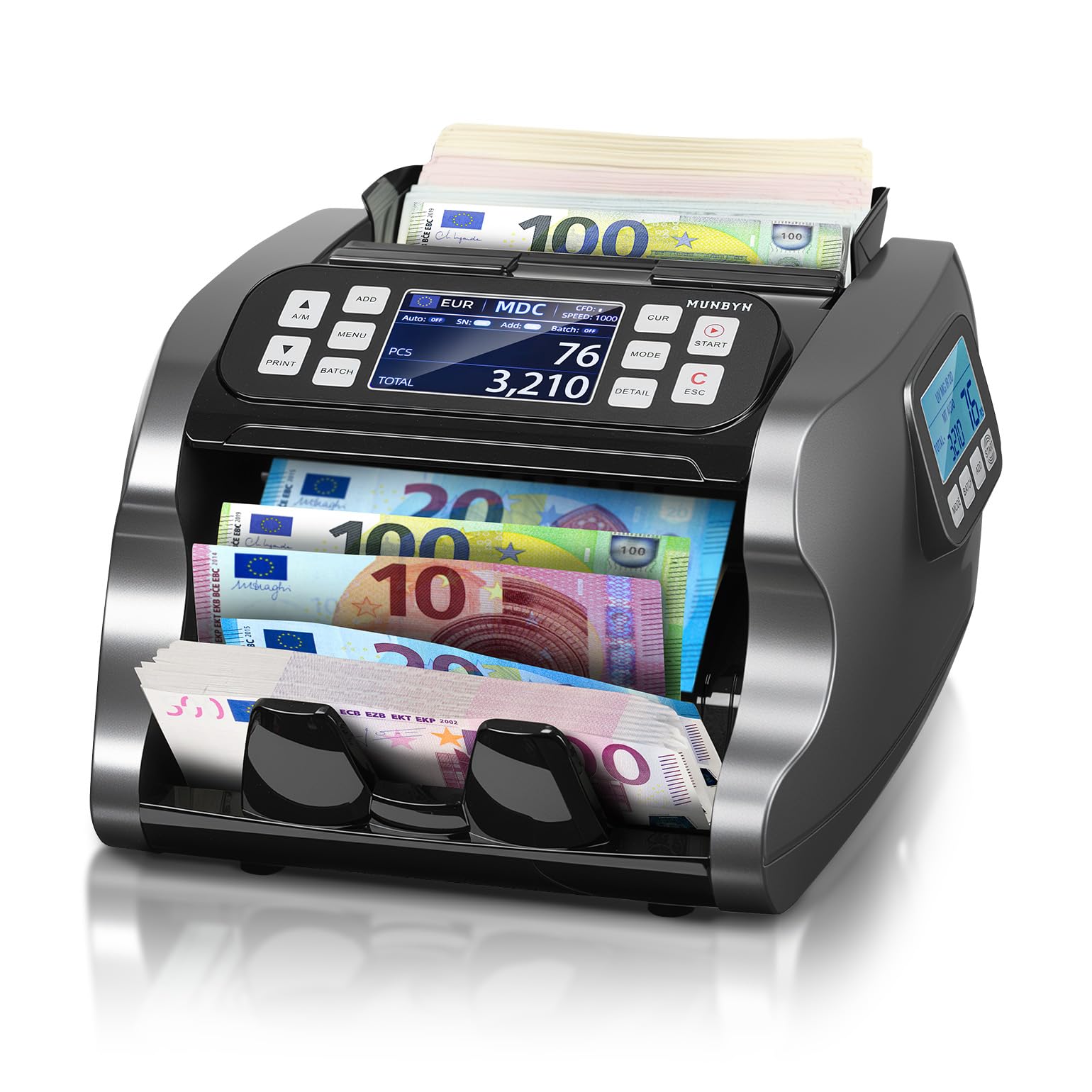 MUNBYN 2026 Nuevo Contadora de Billetes de Mixto, Maquina Contar Billetes, Detector Billetes Falsos con CIS/UV/IR/MG/MT, EUR, USD, CAD, Más de 120 Divisas, Doble Pantalla, 2 Años de Garantía, IMC22