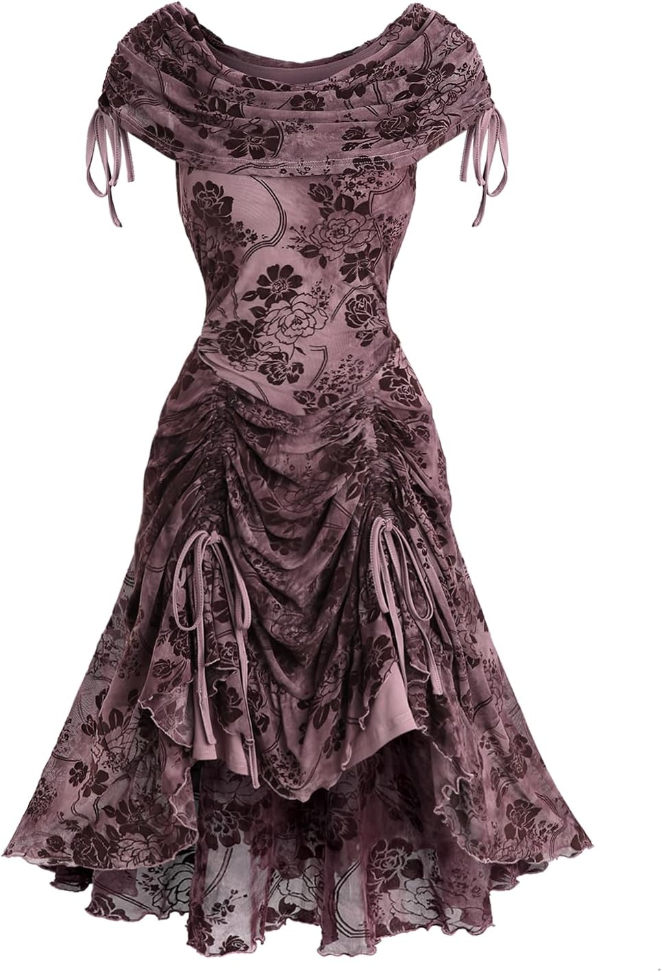 DRESSFO Steampunk Renaissance Costume Cold Shoulder Floral Ruffles Lace-up High Low Retro Dress