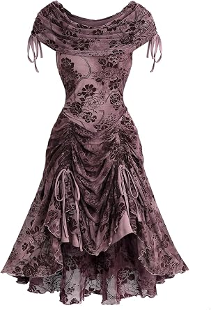 DRESSFO Steampunk Renaissance Costume Women Peasant Medieval Dress Cold Shoulder Floral Medieval Retro Ren Fairy Dress
