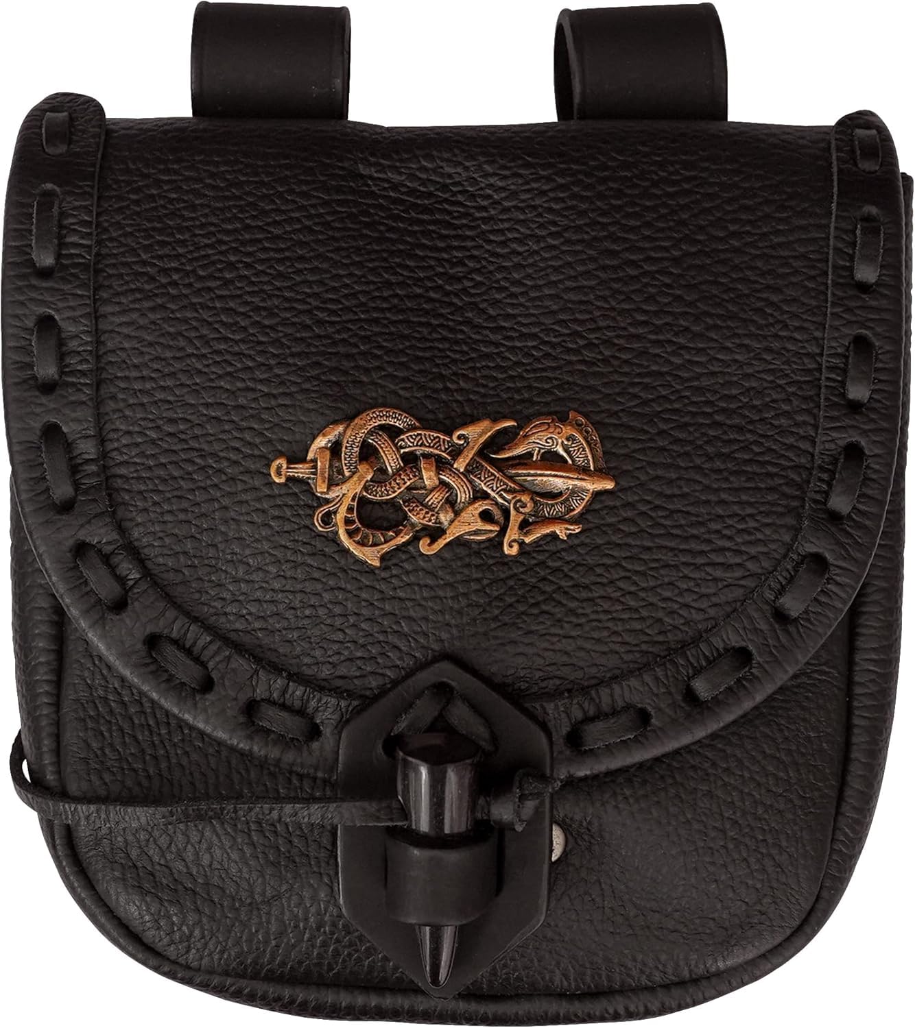 Mythrojan Pochette ceinture en cuir médiéval original sac costume accessoires pochette viking ceinture porte-monnaie, Décoration bronze noir, 8" x 7", Pochette en cuir noir