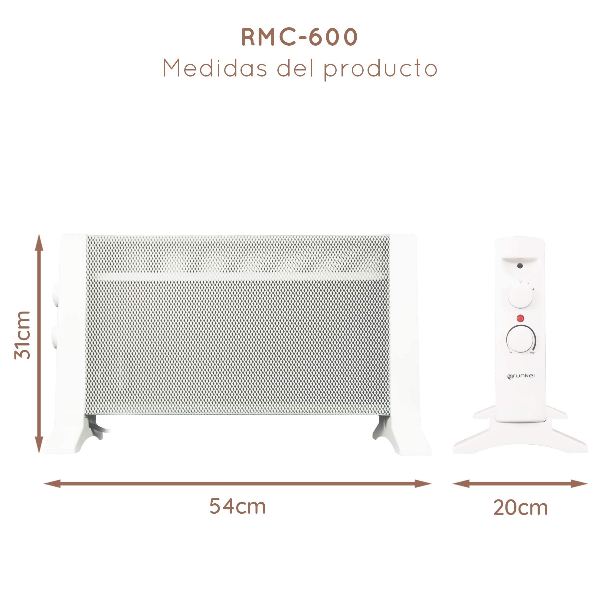 Grunkel - Radiador de Mica de varios elementos de calor 2 niveles de potencia RMC-600-600W - y termostato regulable. Rápido calentamiento aumenta la temperatura de inmediato - Blanco (600W)