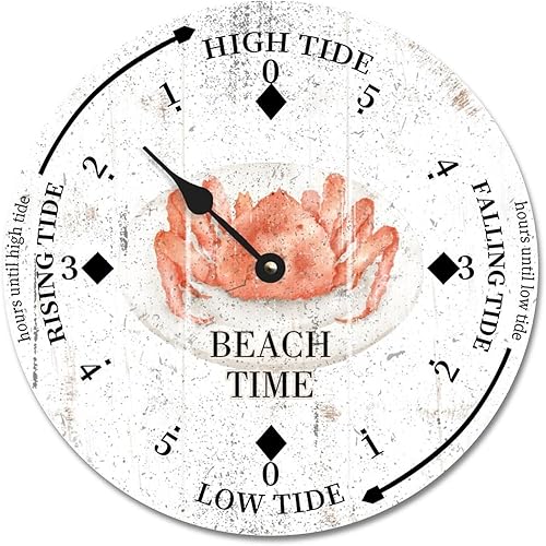 Beach Time Crab Tide Clock Ocean Time Nautical Wood Tidal Clock with High Tide Low Tide Non-Ticking Battery Operated Tide Clock 10" Tide Movement