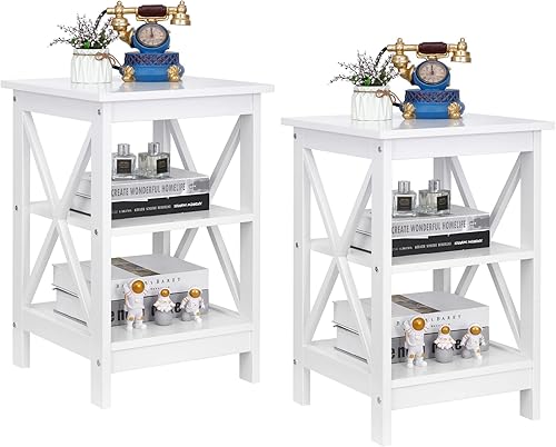 ZENY Juego de 2 mesas auxiliares, estante de almacenamiento lateral para sofá, mesa auxiliar de madera versátil con diseño X, sala de estar,
