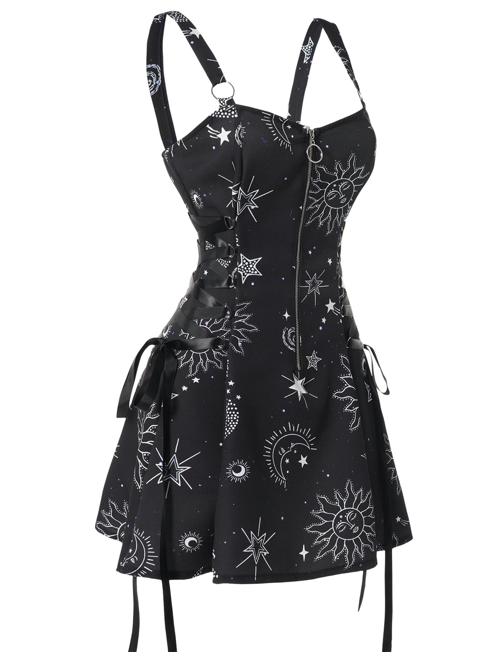 Mini Robe à Lacets imprimé Soleil céleste et Lune, débardeur Gothique d'été à col carré pour Femmes, Noir 9801-XL