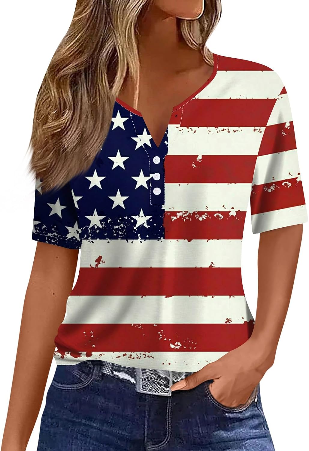 Women's 4Th of July Shirt, Short Sleeve Henley Neck Casual Tops American Flag Graphic Shirts, S-3XL