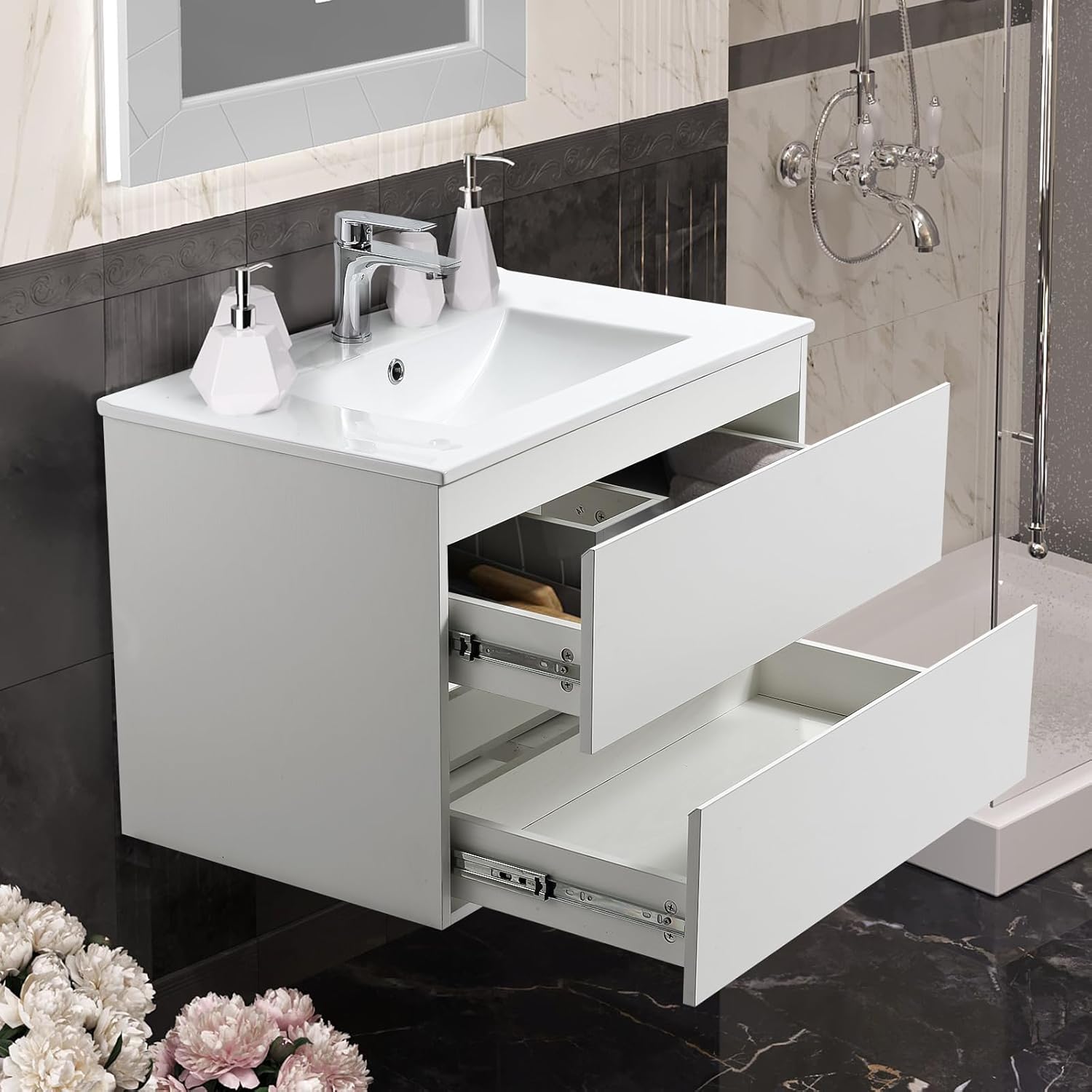 KSWIN 30" White Bathroom Vanity Wall Mounted Floating Vanity Two Drawers Storage