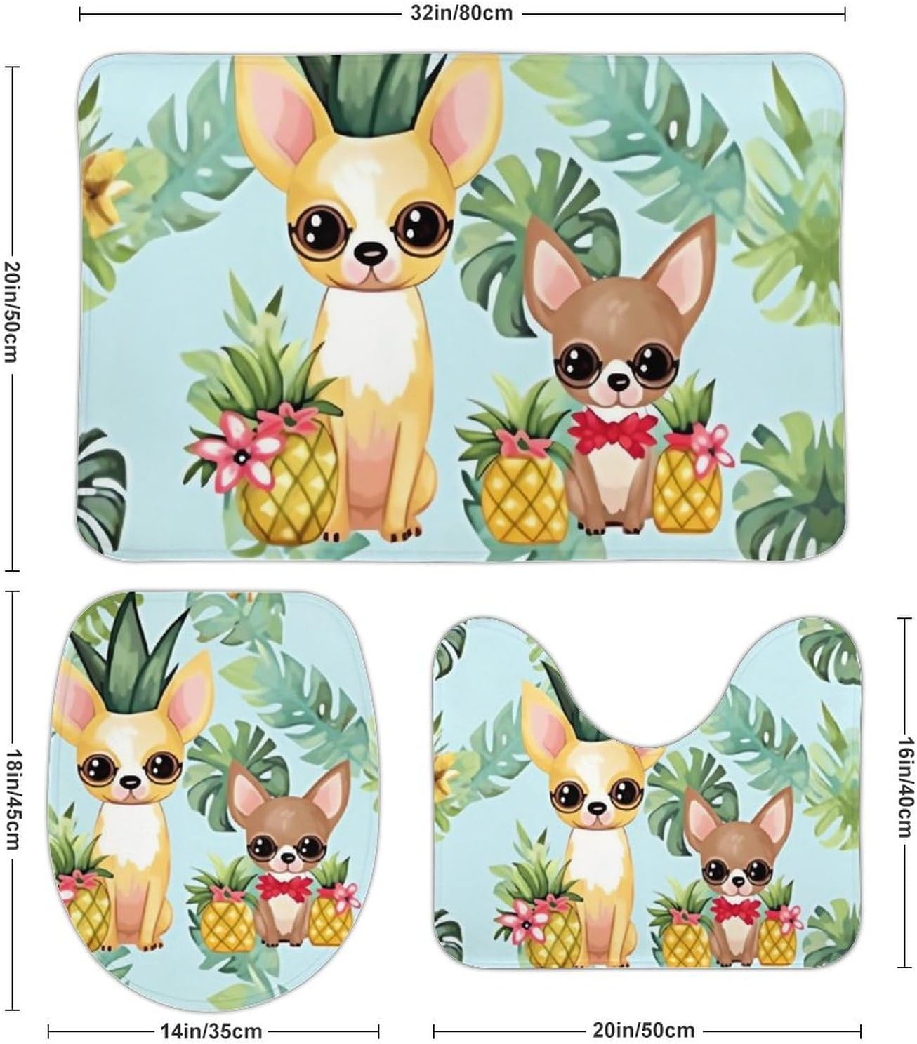 Anti-Skid Floor Mats 3 Piece Set,Chihuahua Dog Pineapple Printed Coral Fleece Bathroom Mats U-Shaped Contour Mat Toilet Seat Cover for Bathroom, Tub, Shower, Kitchen 19.7"x31.5"