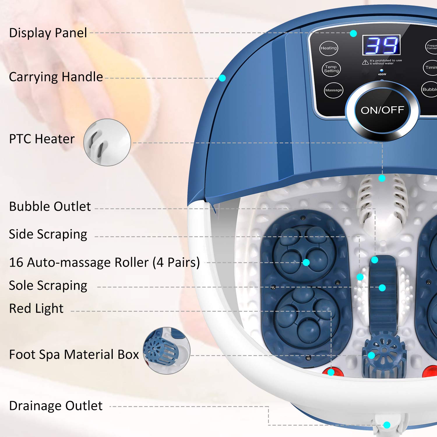 Foot Spa Bath with Heat and Massage and Bubbles, Foot Bath Massager w/16 Motorized Shiatsu Rollers,Digital Temperature Control,Red Light,Pedicure Foot Soaker w/Warm Water Soothe Tired Feet Home Use : Beauty & Personal Care