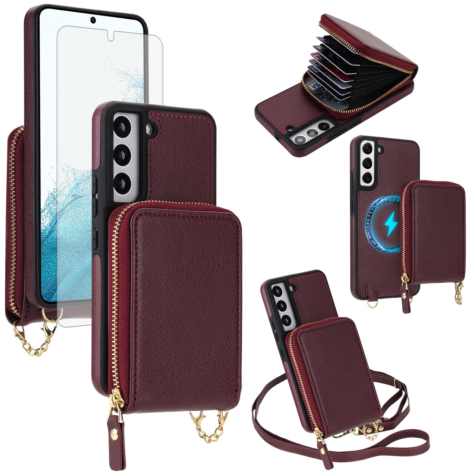 Asuwish Custodia per telefono per Samsung Galaxy S22 5G 2 in 1 Custodia magnetica a portafoglio con protezione per lo schermo Tracolla Tracolla Blocco RFID Porta carte di credito S 22 22S 4G G5 6.1