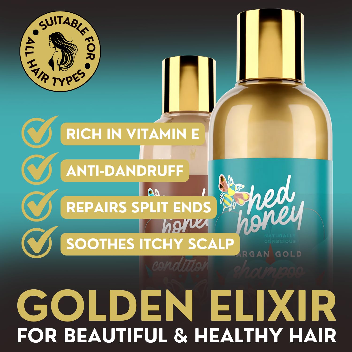 HedHoney Gold Argan Oil Shampoo (250ml) Rich & Luxurious Anti Dandruff Shampoo for All Hair Types. Repairs Split Ends & Soothes Itchy Scalps. Vitamin E Rich Cruelty-Free Formula - Image 2
