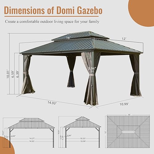 Miniatura 8 de Domi - Cenador de techo duro de 12 x 16 pies, cenador de metal de aluminio con toldo de techo doble de acero galvanizado, cortina y red, pabellón