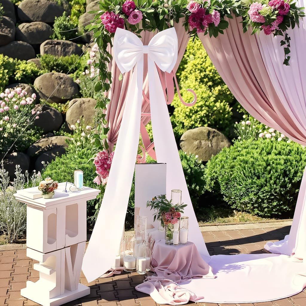 Jumbo Blush Pink Satin Ribbon Bow - Stunning Wall Hanging for Birthday, Baby Shower, Wedding & Festive Party Supplies (White)