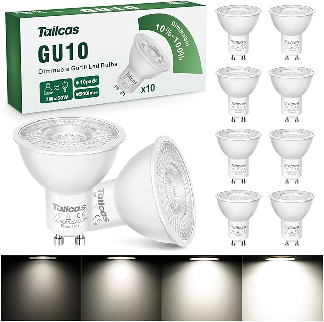 Tailcas GU10 LED Bulbs Dimmable, Cool White 6000K Spotlight Daylight, 7W LED Light Bulb Equivalent 50W Halogen, 500LM Energy Saving Lamps, 38° Beam Angle 220-240V No Flickering, Pack of 10
