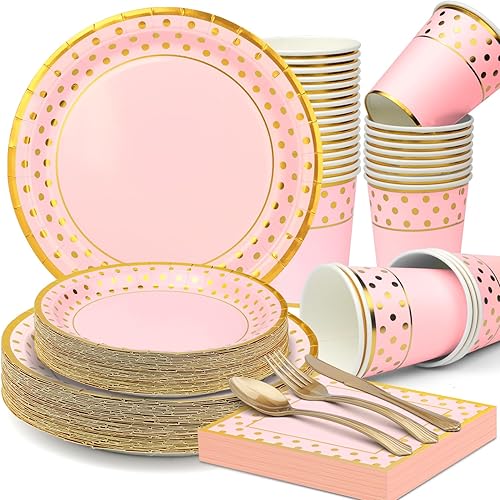 Juego de vajilla de platos de papel de oro rosa, suministros de fiesta de papel dorado con puntos dorados, incluye 50 platos desechables, platos de