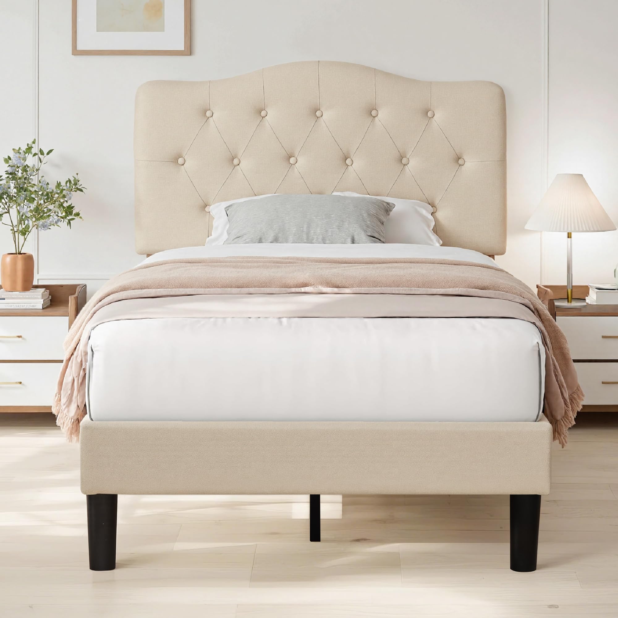 Photo 1 of VECELO Twin Upholstered Bed Frame with Tufted Headboard - Light Beige