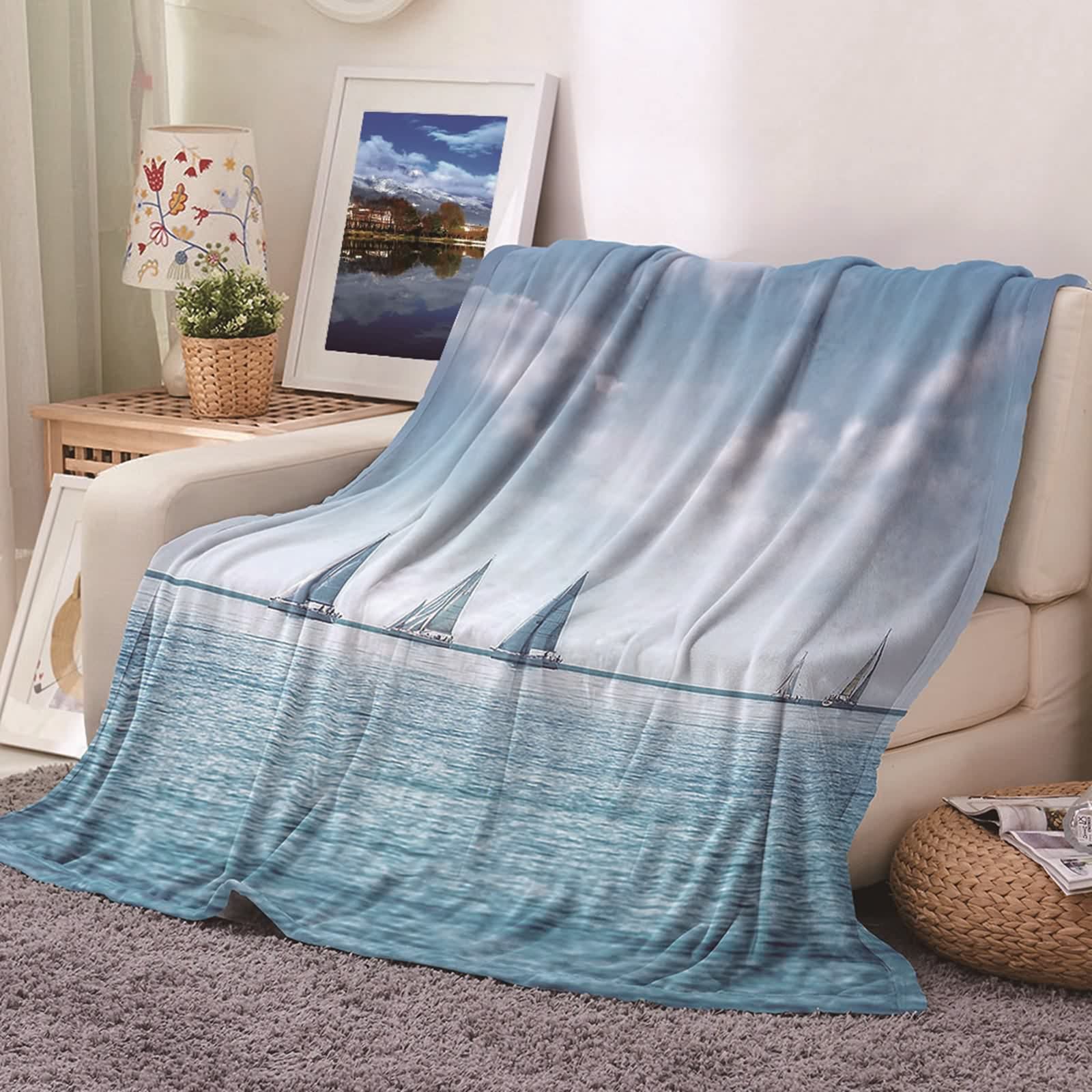 Couverture plaid flannel haut de gamme KnSam voiliers bleu blanc 180x200