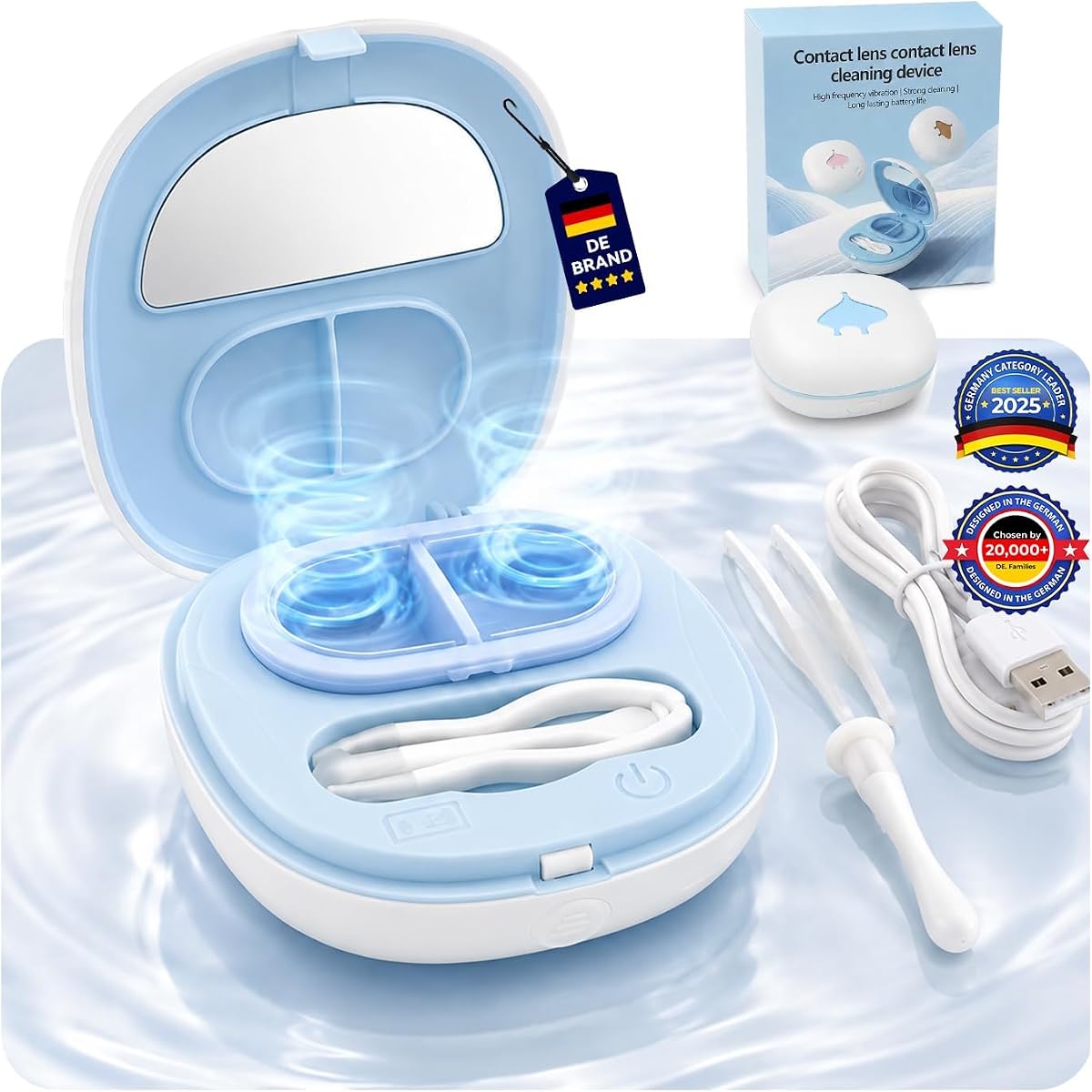 Limpiador ultrasónico de lentes de contacto 3 en 1 【Potencia ultrasónica de 65,000 Hz líder en la industria】 Máquina limpiadora de lentes de contacto con herramienta aplicadora de lentes de contacto,Blue