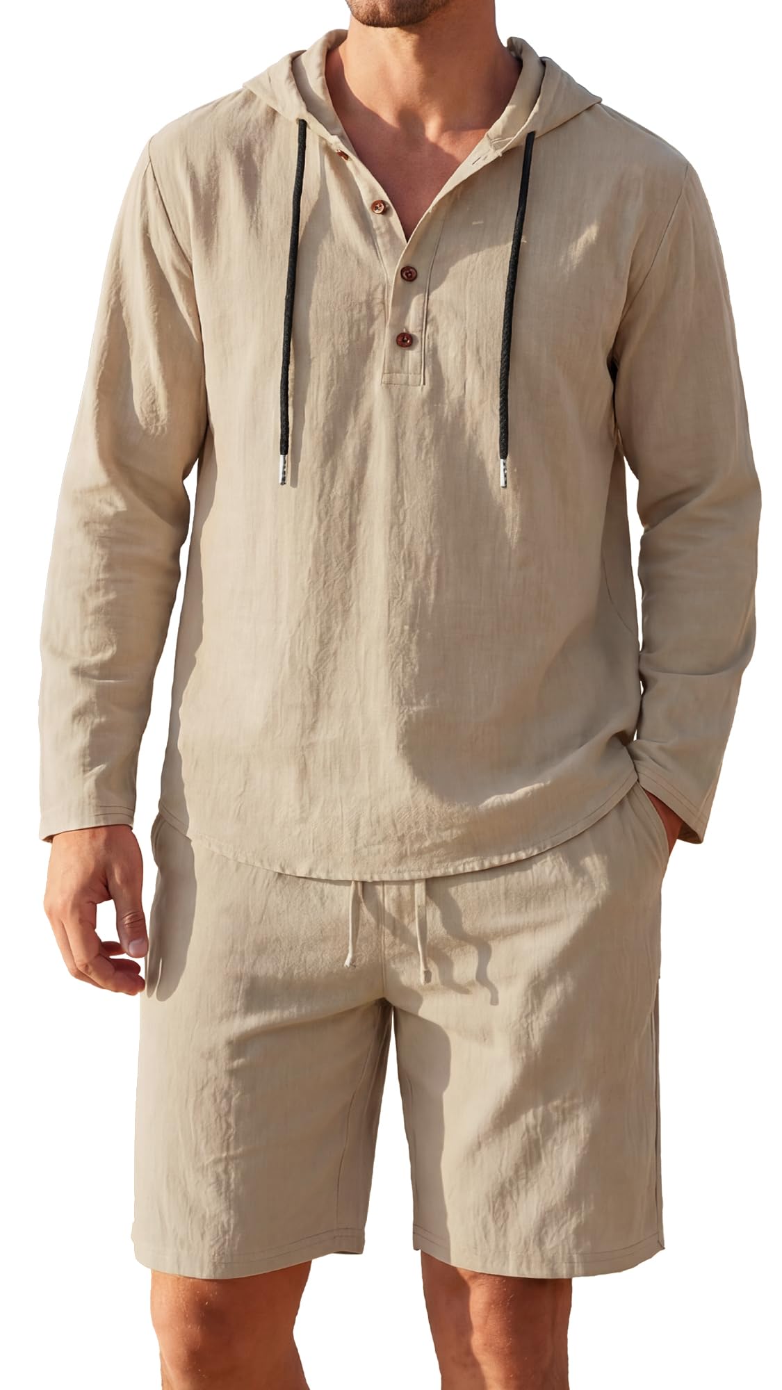 AIEOE Męski lniany dres sportowy z długim rękawem Henley Shirt szorty z kieszenią, strój rekreacyjny, bluza S-3XL