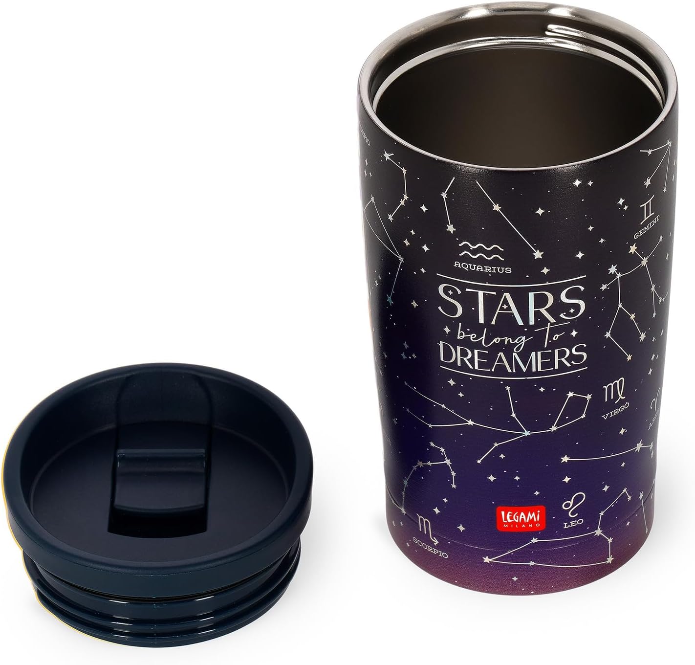 Legami - Vacuum Tumbler Hot & Cold, Lightweight and Durable, Stainless Steel Lid with Airtight Closure, Capacity 275 ml, for All Types of Drinks, Stars Theme