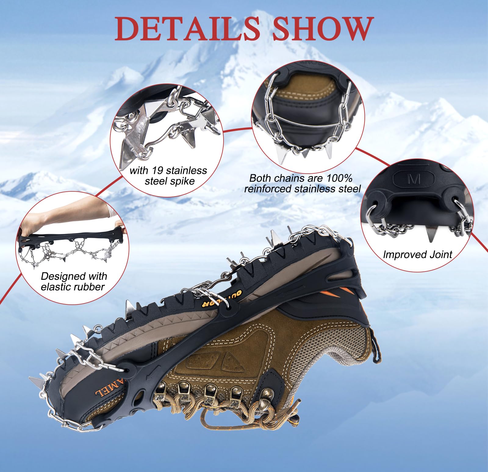 Ramponi per scarponi da trekking, scarpe, antiscivolo 19 ramponi in acciaio inox tacchetti da ghiaccio trazione neve grip sicuro proteggere per donne uomini bambini camminare arrampicata