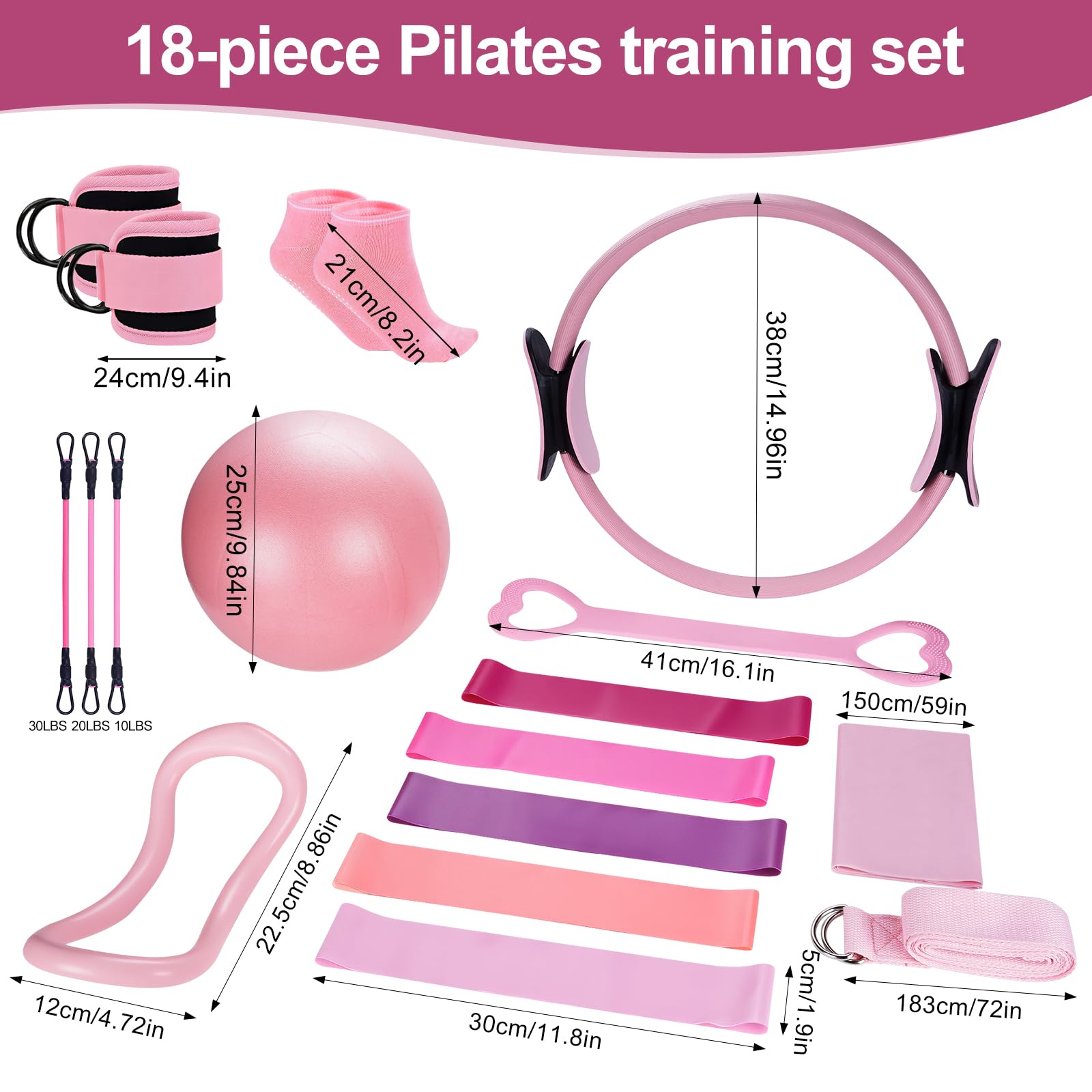 Kit Pilates 18 pièces avec Anneau de Pilates, Bandes de Résistance, Ballon de Yoga