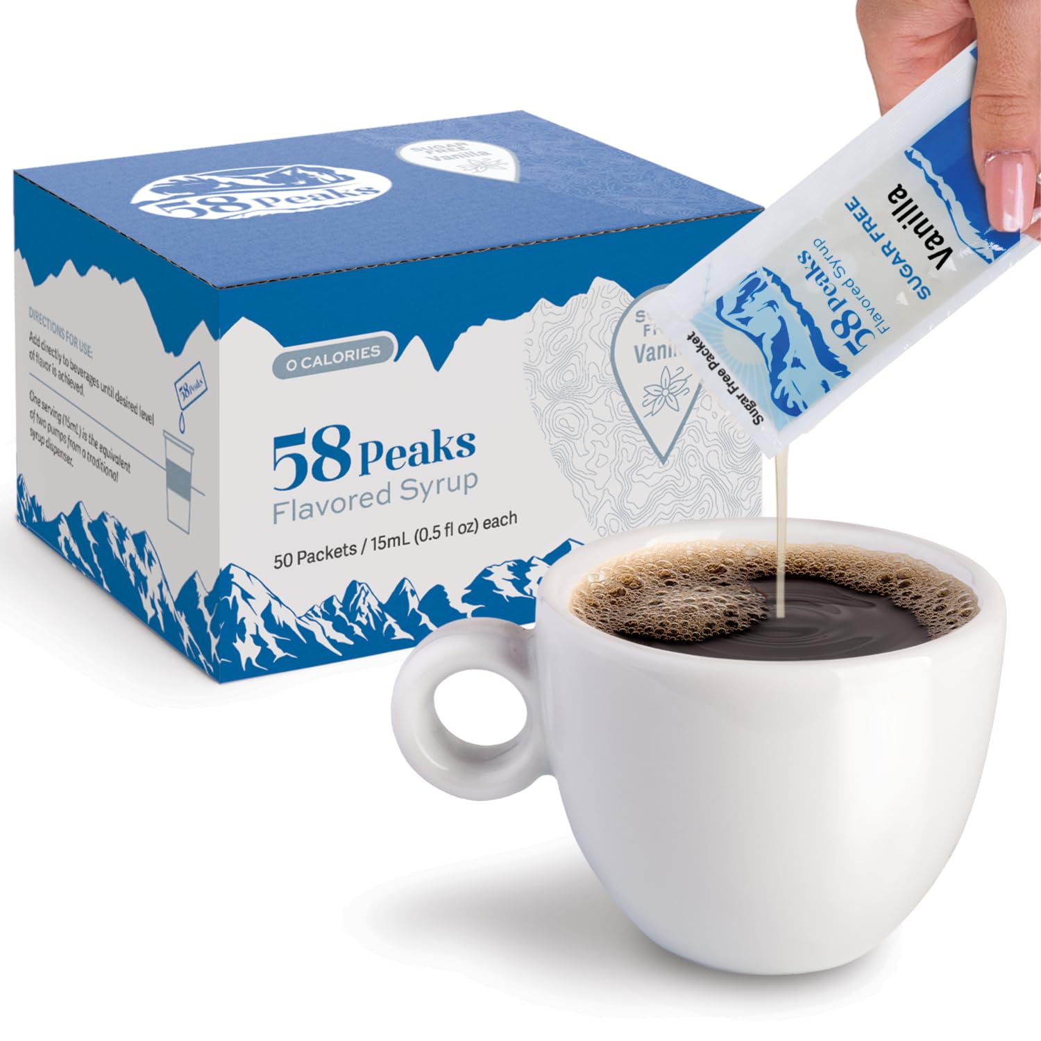 58Peaks Sugar-Free Vanilla Syrup Sweetener Packets for Hot and Cold Drinks | To-Go Syrup Flavoring Perfect for Coffee, Tea, Milkshakes and More | Flavored Coffee Syrups for Travel | 15mL | 50-Pack