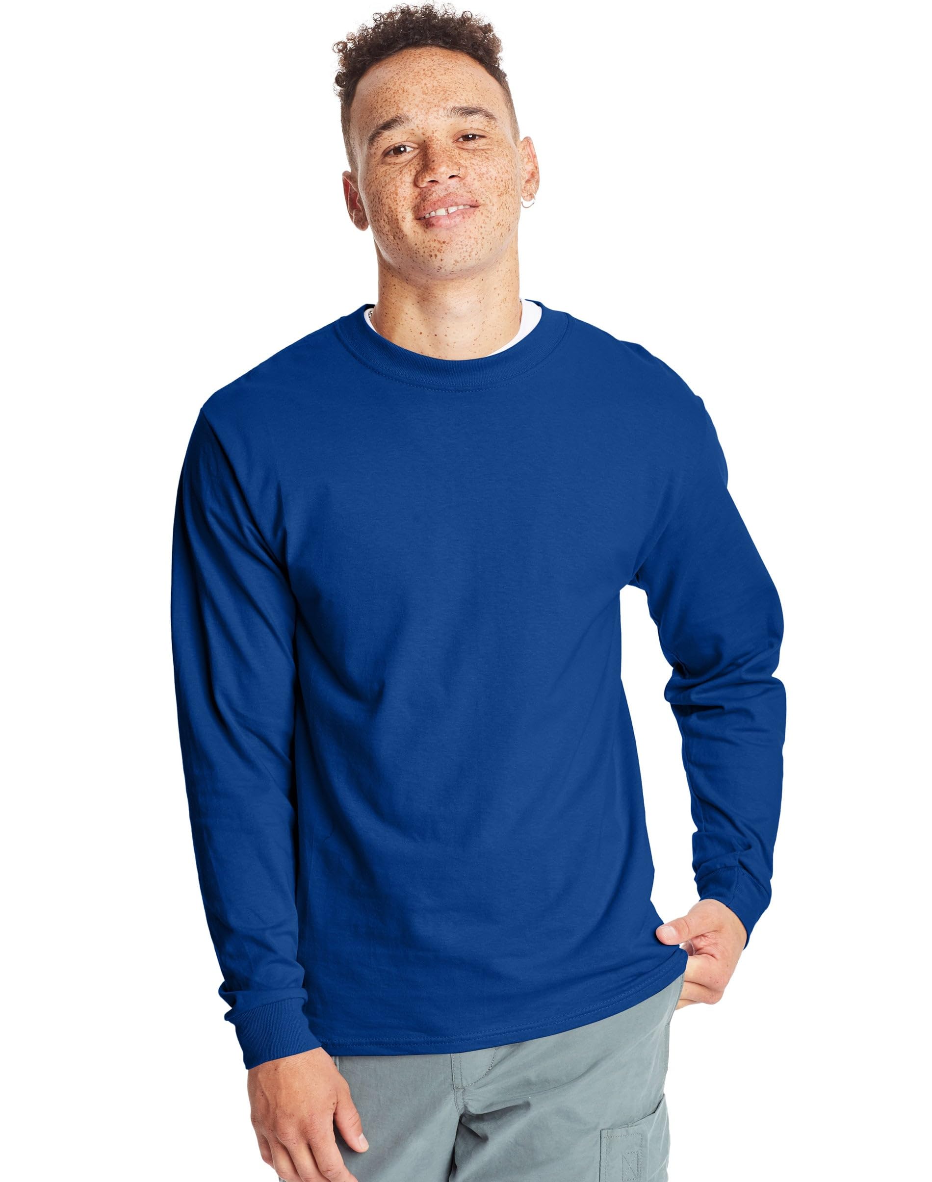 Hanes Men's Long Sleeve Beefy-T Shirt, Deep Royal, Large (Pack of 2)
