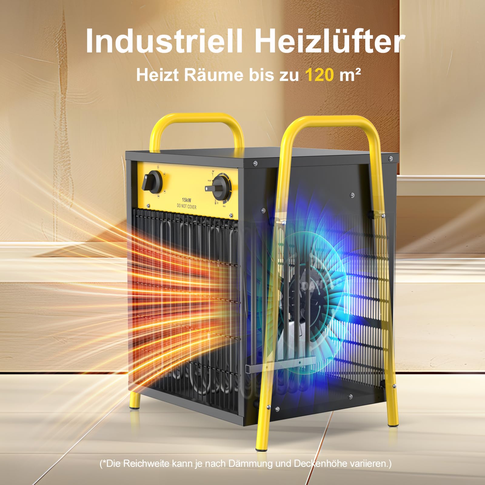 15 kW Elektro Heizlüfter Große Räume mit Thermostat & 3 Heizstufen | Bauheizer, 400v, IP24, Stahlgehäuse, Industriequalität, Heizstrahler, Elektroheizer, frostwächter, für Garage, Baustelle