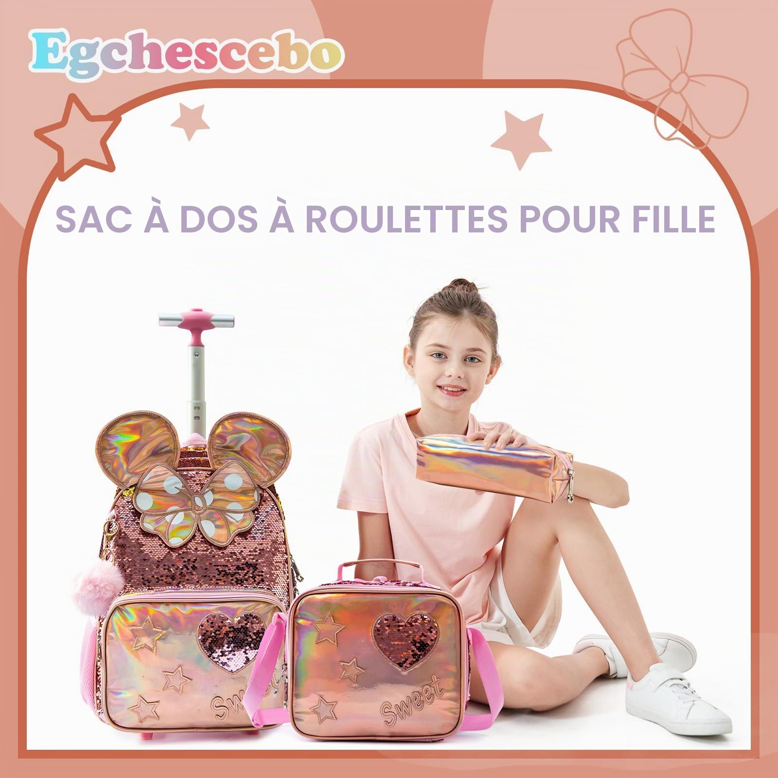 Sac a Dos Grandes Oreilles Enfant Roulette Fille Primaire Valise École Maternelle Sacs à D'école pour Voyage Cabine de Bagages 3PCS Ensemble Grand Cartable Étudiant Simple Perles Champagne
