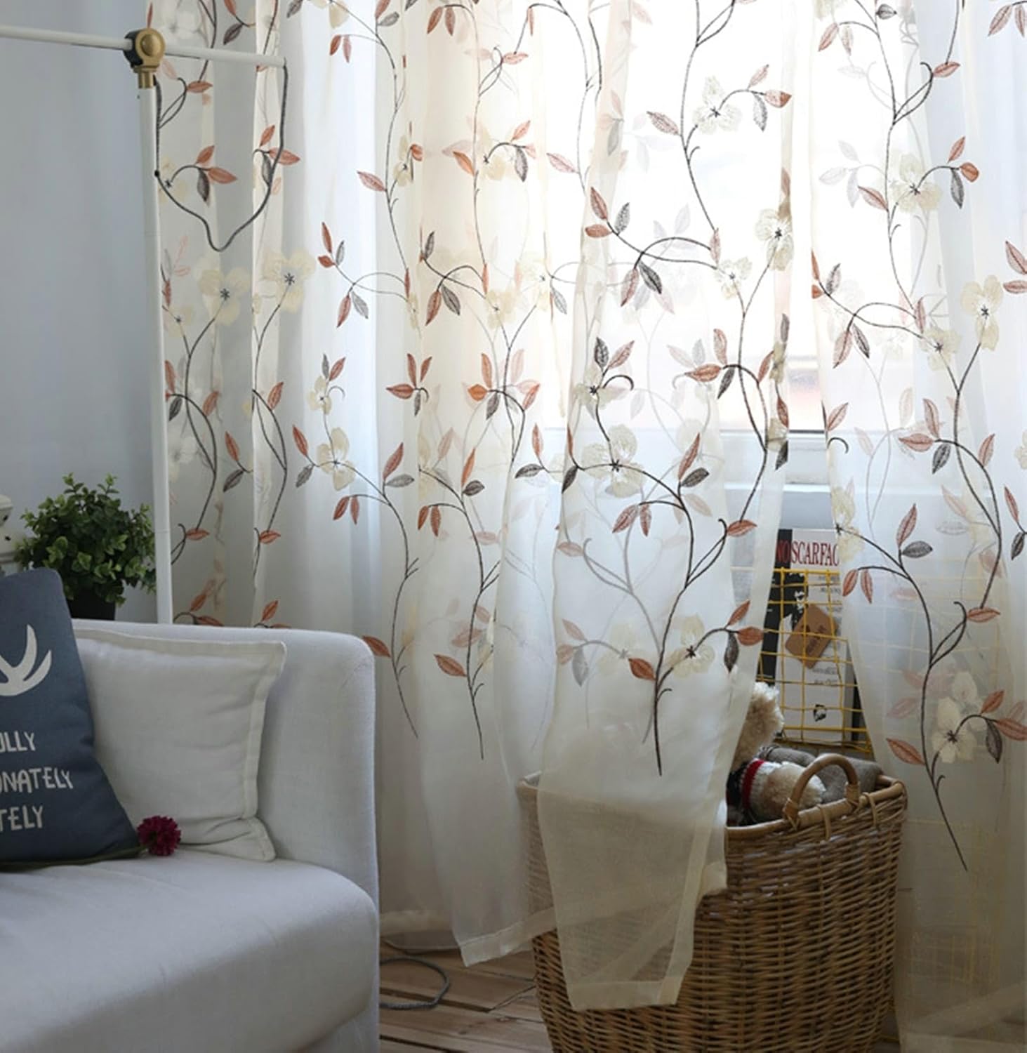 Semi Sheer Curtains 108 Inches Long 2 Panels, Beige Grommet Window Curtains Polyester Flower Embroidered Living Room Sheer Curtains, 54 x 108 Inches