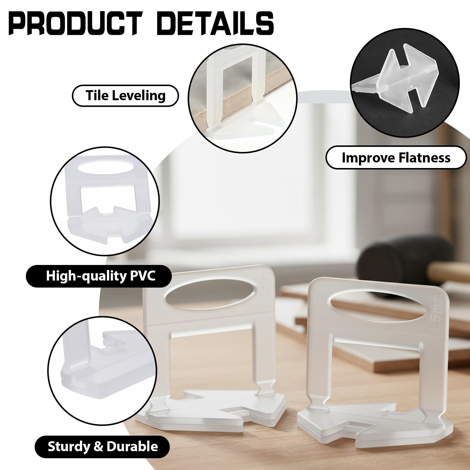Sistema di livellamento per Piastrelle 200 Pezzi con Clip in PVC per Piastrelle da 1.5mm - Accessori per Pavimenti e pareti - Facile da Usare per Una Finitura Perfetta