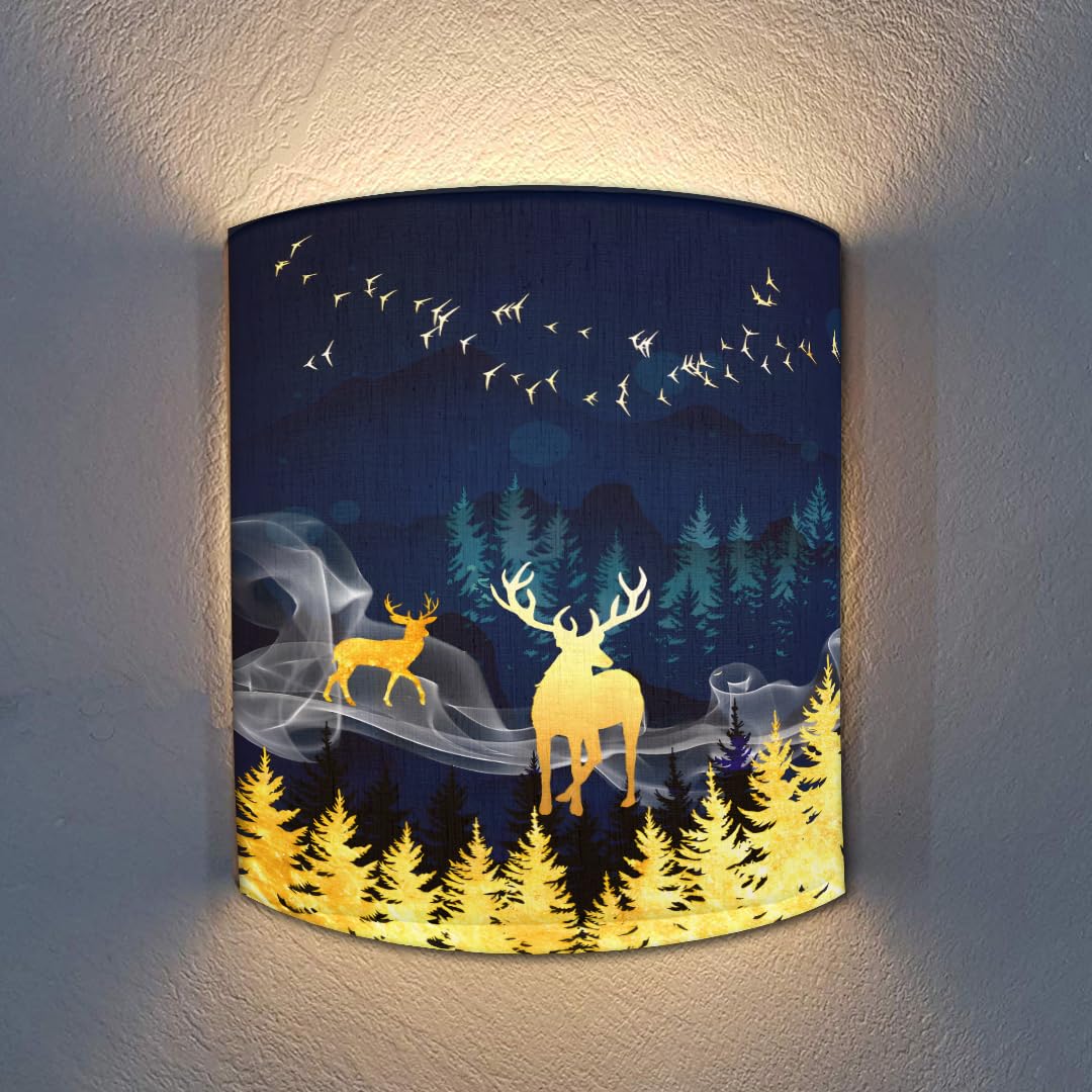 Wall Lamp Shade, Deer Shadow Designer Wall Mounted Half Lamp Shade for Bedroom, Bedside Lamp Sconces with Holder & Fitting (Gold)
