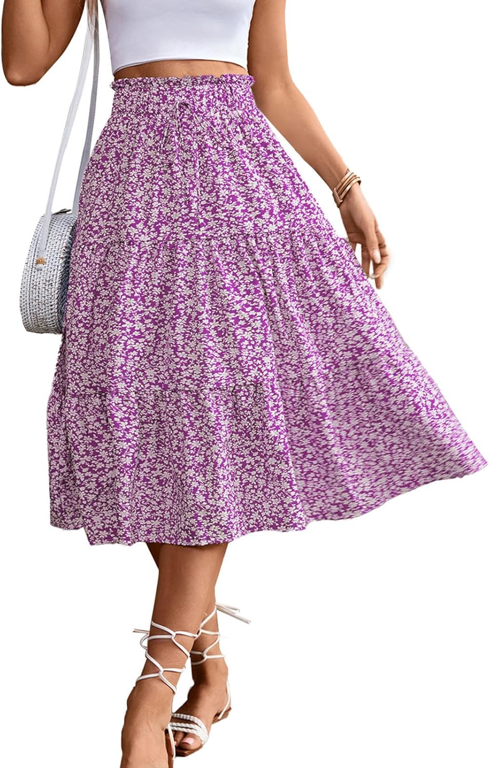 MSLG Women's High Elastic Waist Midi Skirt Casual Summer Trendy Tie Front Flowy Ruffle Floral Print A line Skirts 626 - Image 5