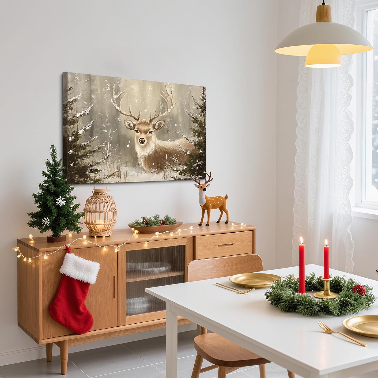 Craftline - Vintage Christmas Deer Canvas Wall Art, Country Nature Snow Winter Forest with Pine Trees Woodland Scene Picture Farmhouse Cottage Frame Wall Decor 16x12inch
