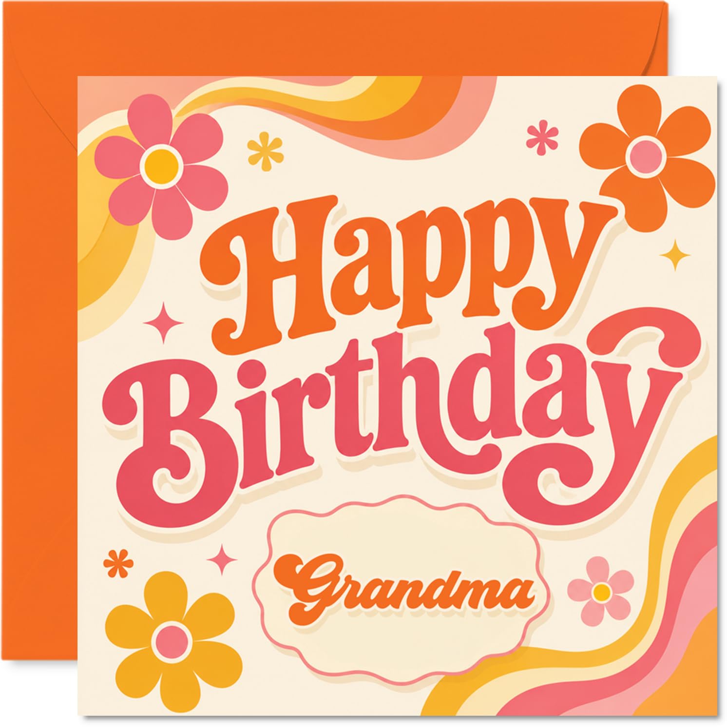 Playful Birthday Card for Grandma - Groovy Birthday Wishes - Retro Flowers and Bold Wavy Stripes - 145mm Square, Envelope Included