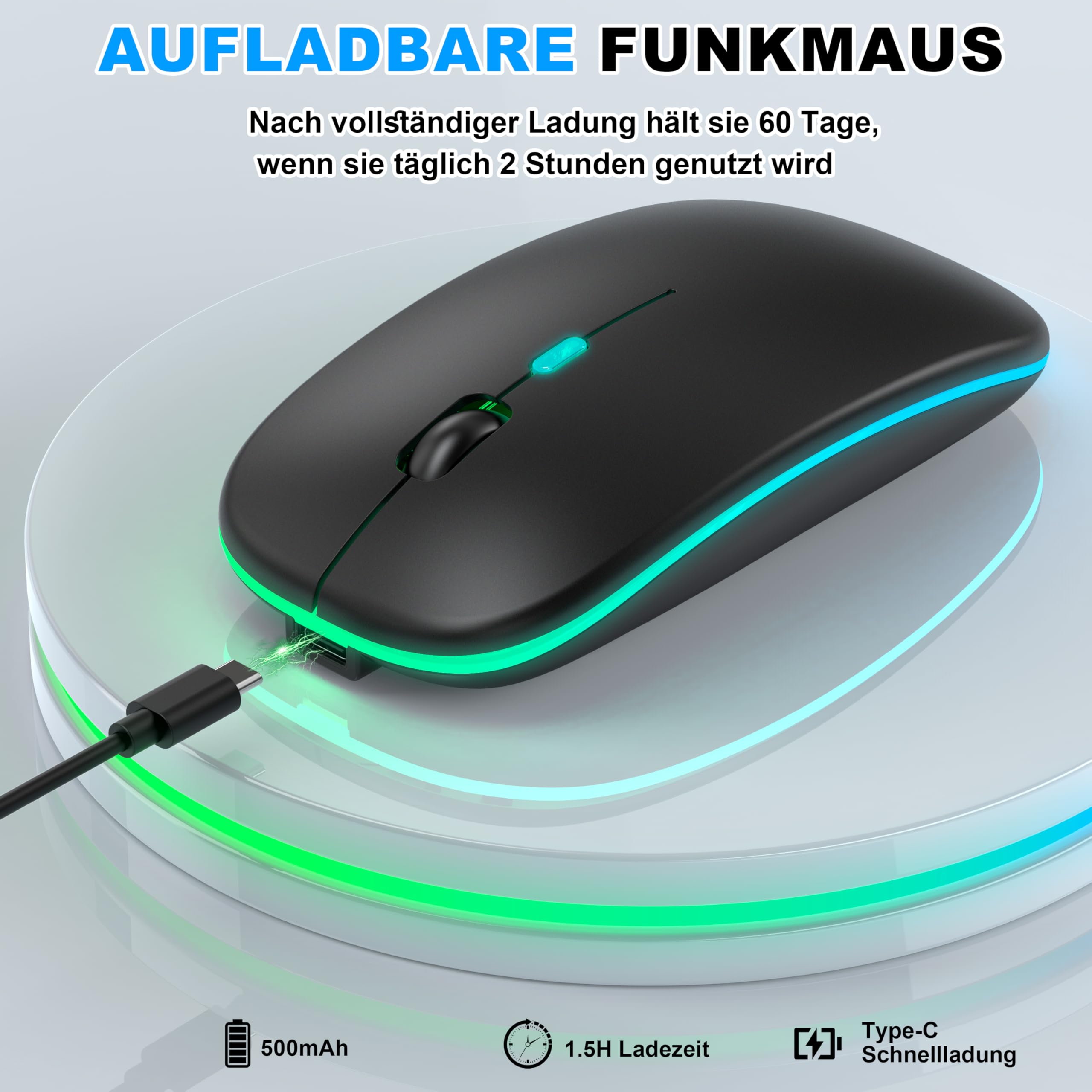Mouse wireless con modalità jiggler – Bluetooth 5.2 & 2.4G radio per computer portatile, PC, iOS, Android, iPad e Windows, LED a 7 colori e 1600 DPI ottico (Modalità Jiggler, Nero)