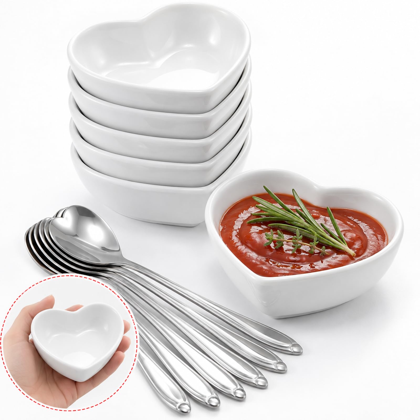 Mssushi 6 Pcs Heart Dipping Bowls Ceramic 70ml, Heart Bowl with Spoons