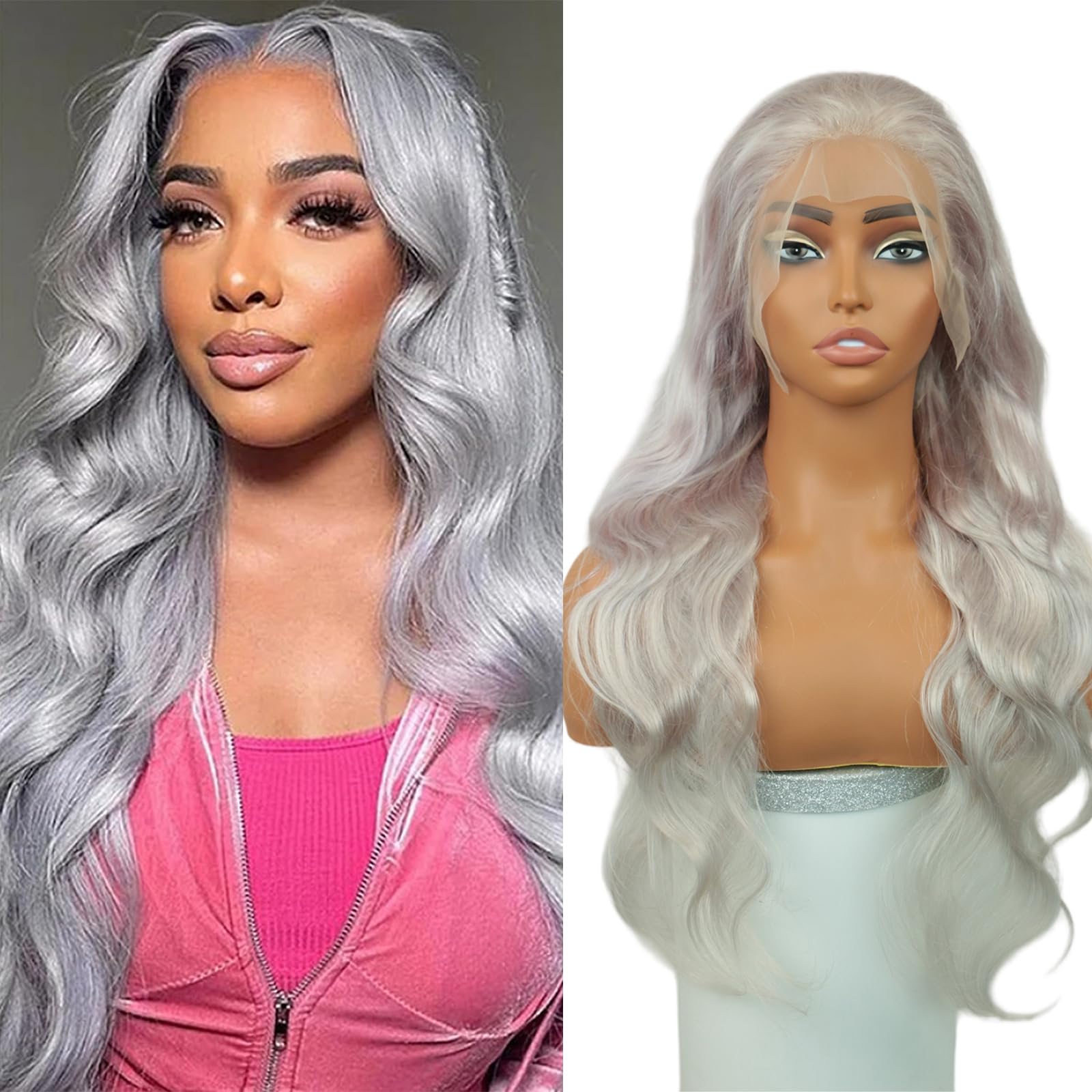 13x6 Grey Lace Front Wigs Human Hair Body Wave 30 Inch 250% Density Pre Plucked with Baby Hair for Women Natural Hairline, Daily & Party Use Silver