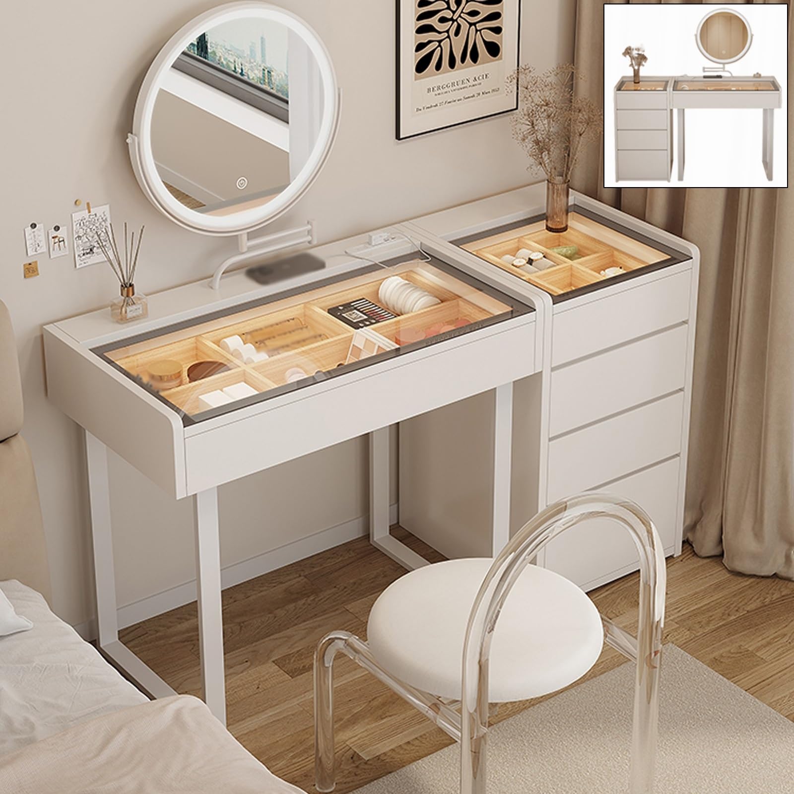 Amazon｜ドレッサーテーブル アクリル椅子付き コンパクト 鏡台 強化