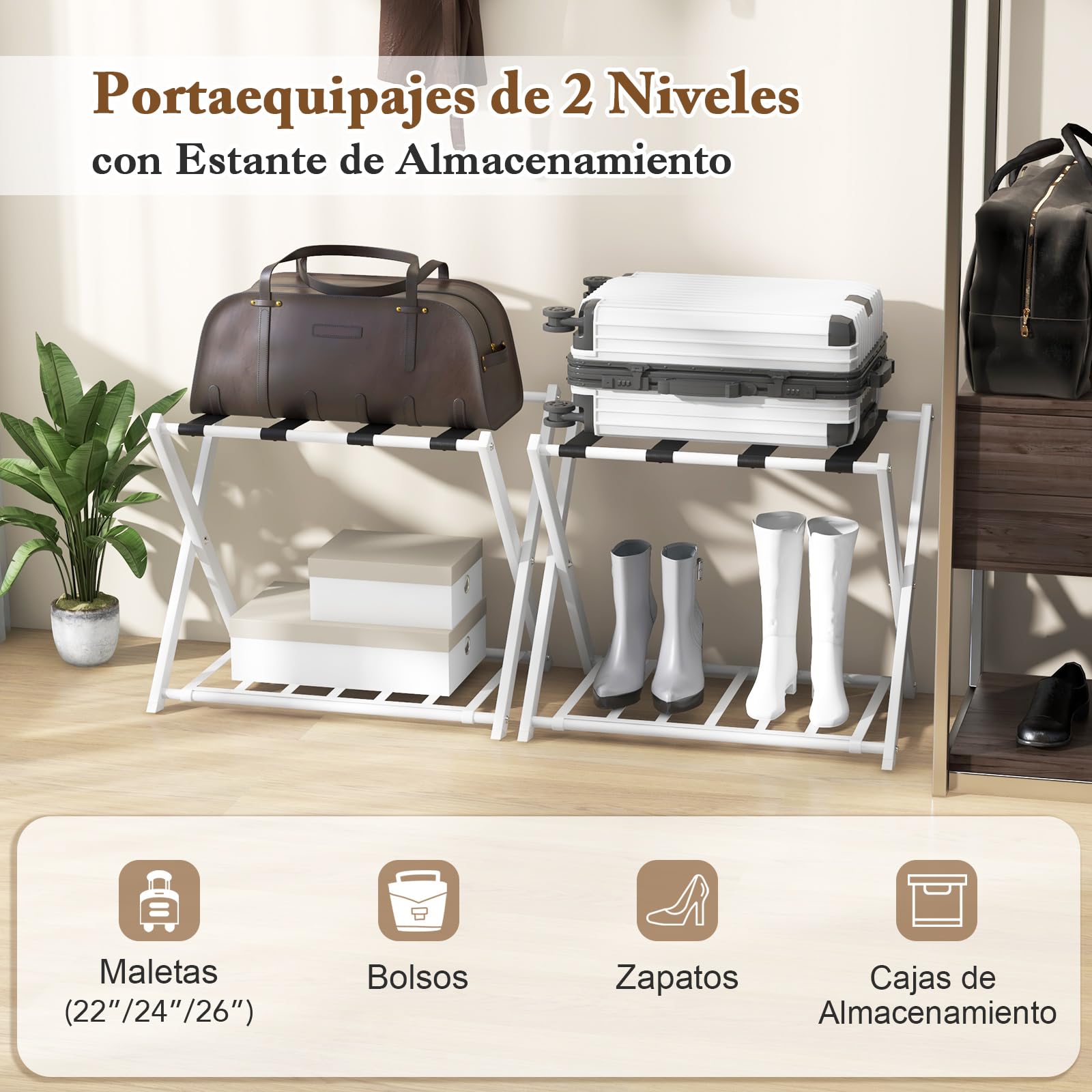 COSTWAY Soportes para Maletas Plegable, Estante Bastidor para Equipaje de Metal con 4 Correas para Hogar Hotel, Portaequipajes Plegable para Maleta, Reposa Maletas Hotel, 68 x 43 x 58 cm (2, blanco)