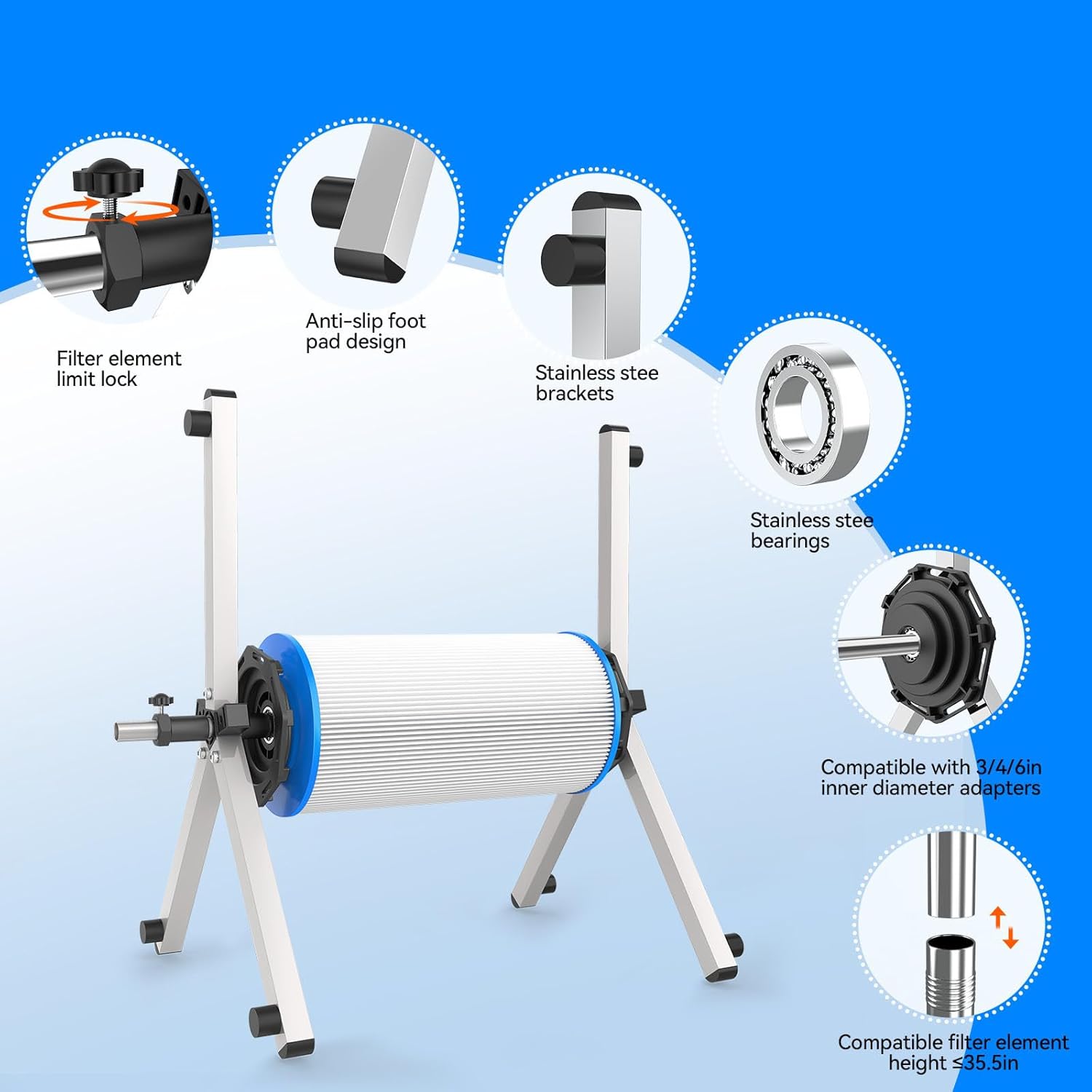 Deerchirp Pool Cartridge Filter Cleaner, Compatible with Filter Cartridges of 3, 4, and 6 inches in Diameter Supports Both Vertical and Horizontal Installation Modes