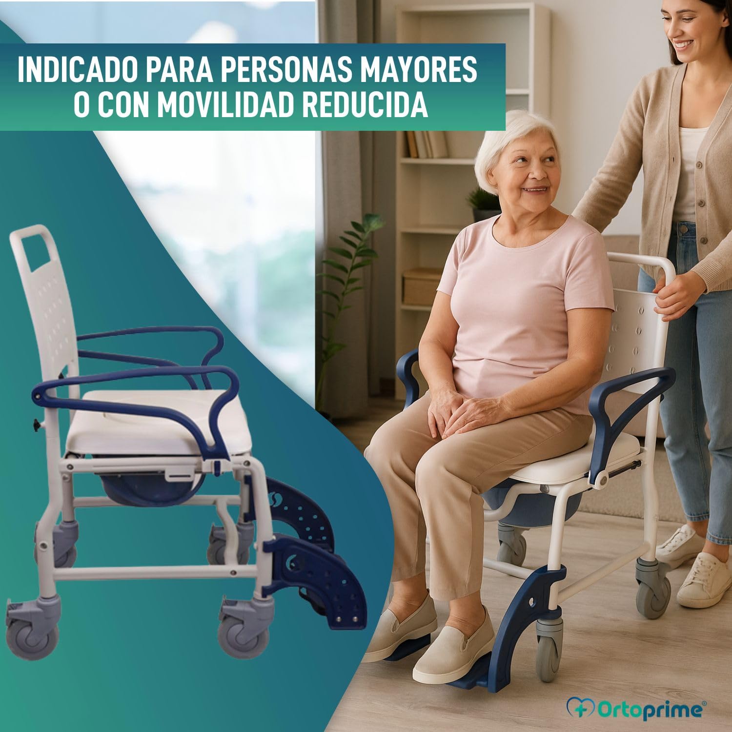 OrtoPrime Silla Ducha WC Personas Mayores Silla Ducha RUEDAS y FRENOS Silla Baño Adultos Brazos y Pies ABATIBLES - Silla wc Baño Portátil Silla Ducha Personas Mayores - Silla de Baño con Inodoro
