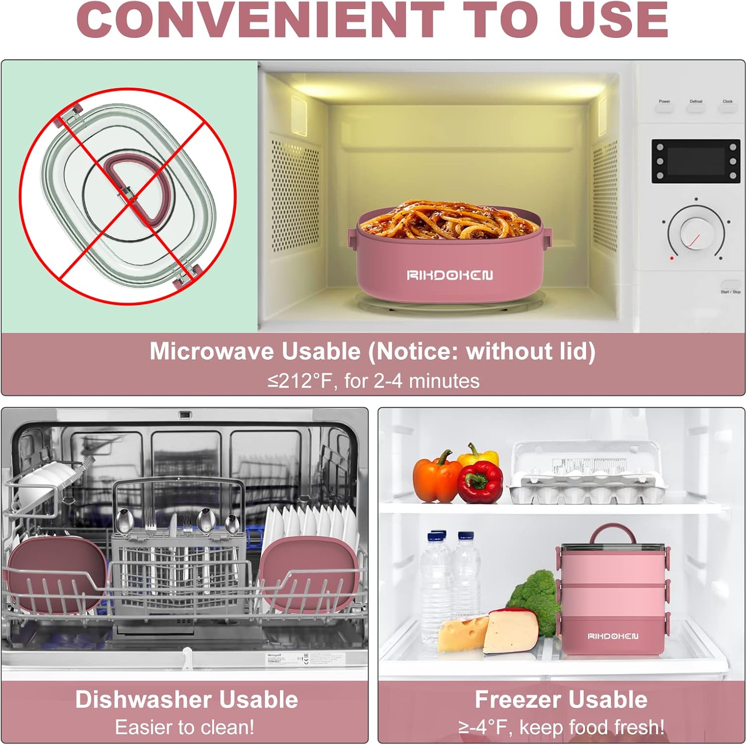 Lunch Box, Stackable 3 Layers Containers, Portable 94OZ Large Capacity Leakproof Bento Box with Spoon & Fork & Sauce Boxes, Microwave Safe Lunch Box for Kids and Adults - Image 4
