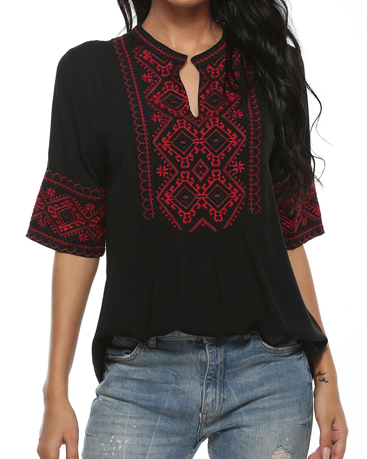 AK Women's Summer Boho Blouse - Embroidered Mexican Tunic Top, Short Sleeve, Cotton Rayon Blend, Casual Loose Fit