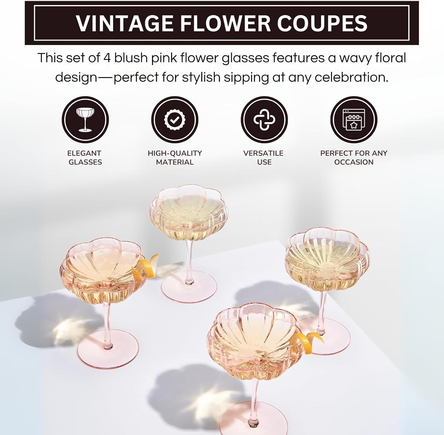 Khen Flower Modern Wavy Glass Coupes Martini, Champagne & Cocktail Coupes - Set of 4-7.7oz Colorful Cocktail Glasses & Prosecco, Mimosa Glassware Copyright Design - Blush Pink | Modern, Wavy, Coupes, Martini, Champagne, Colorful