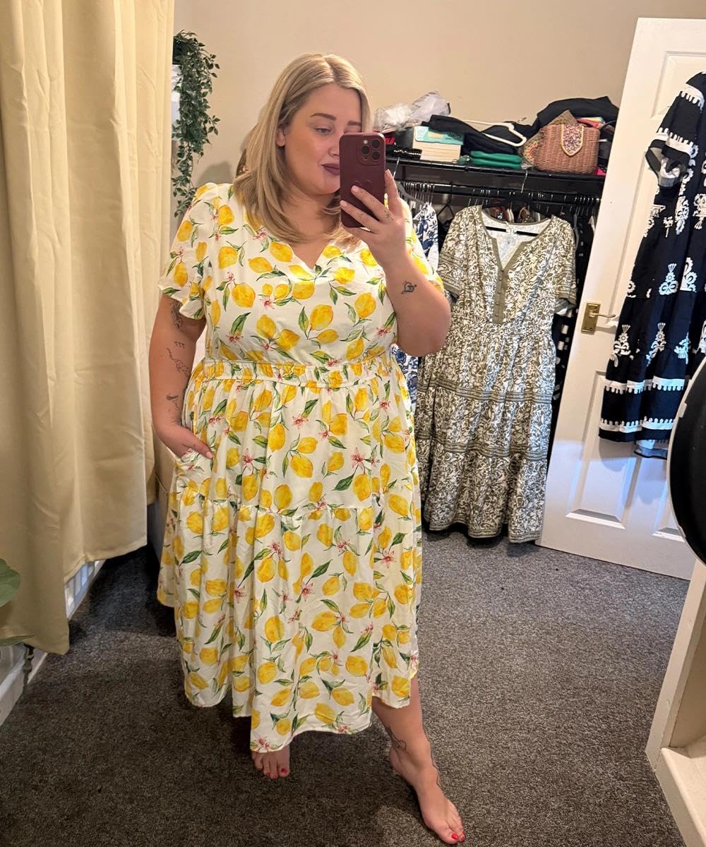 RITERA Kleid in Übergröße, für kurvige Frauen, V-Ausschnitt, kurzärmelig, langes Sommerkleid, gesmokt, Strand, Urlaub, Hochzeit, Böse, Größe XL - 5XL