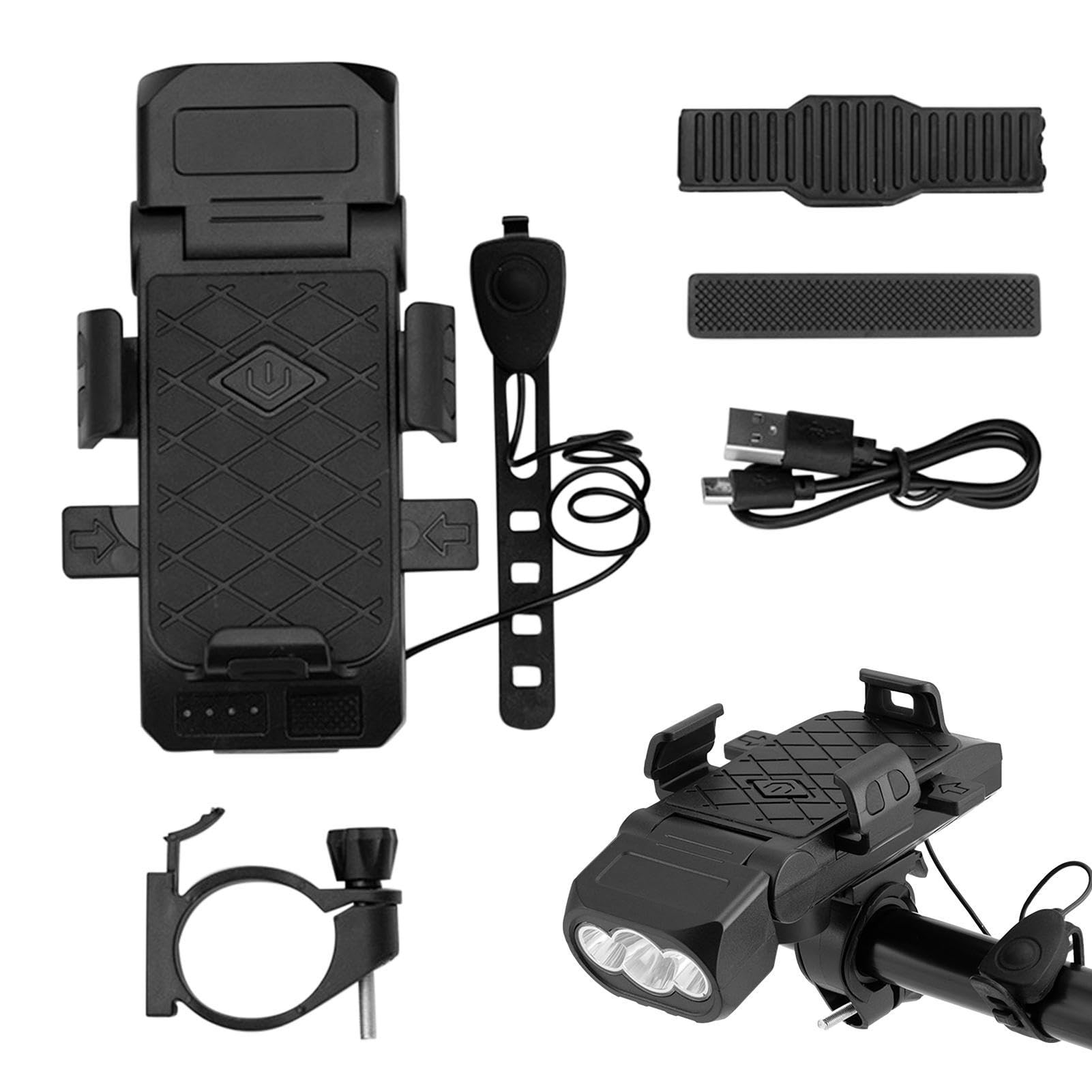 Luce anteriore per bici - Torcia a LED con Power Bank, set di luci per bicicletta 4 in 1 | Porta cellulare da bici impermeabile, clacson, luci anteriori e posteriori per ciclismo, ideale per uomini e